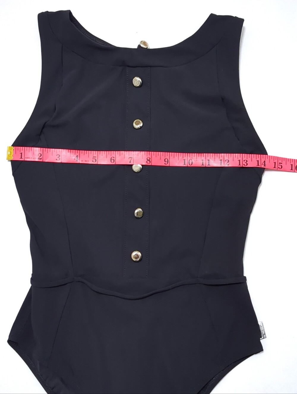 SHAN Black One Piece Swimsuit Underwire Open Back Logo Buttons Size 10 - Picture 12 of 14
